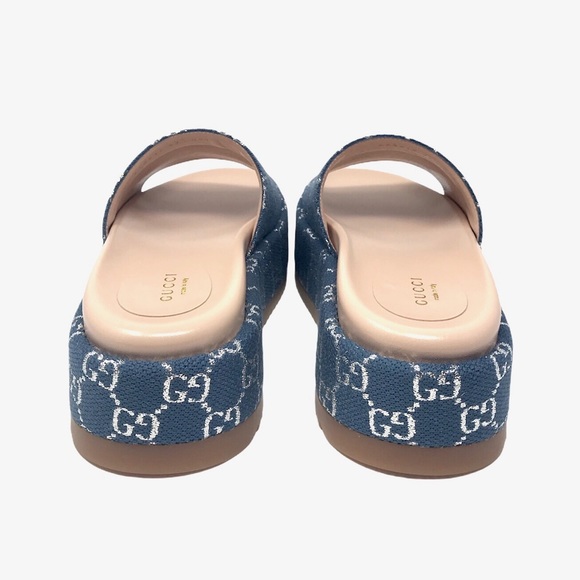 Brand New Gucci Light GG Lame Blue Slide Sandal - Picture 4 of 6